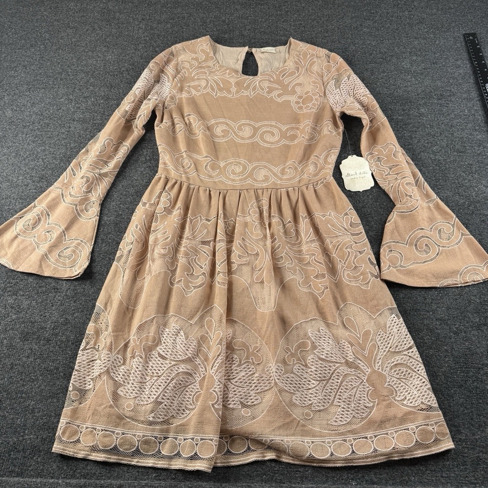 Alter'd State Beige A Line Dress Bell Sleeve Medium Lace NWT